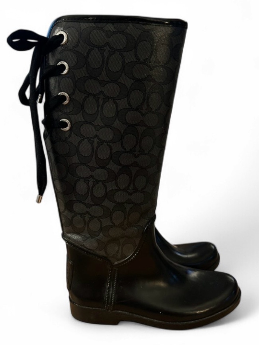 COACH "TRISTEE" LACE-UP IN BACK CORSET SIGNATURE LOGO RAIN BOOTS BLACK SIZE 8